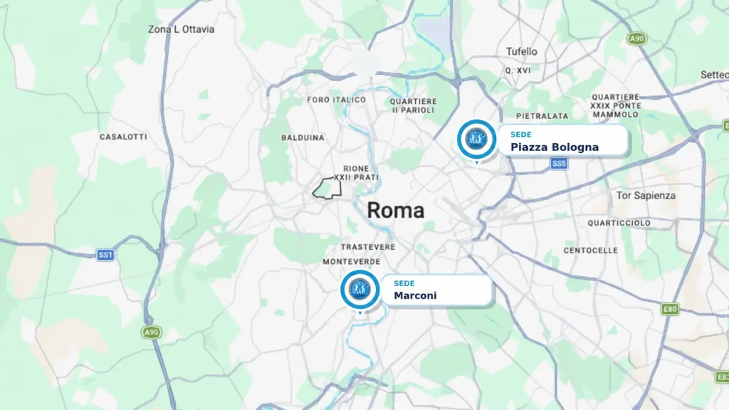 Mappa di Roma con le sedi di Piazza Bologna e Marconi