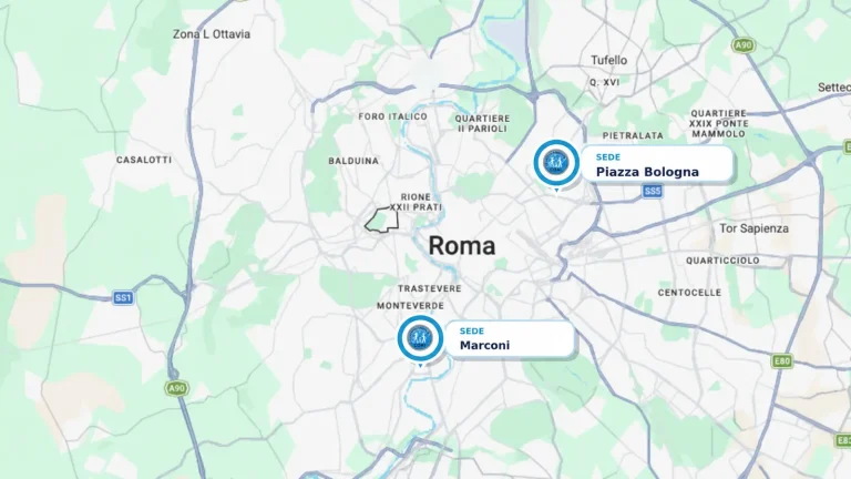 Mappa di Roma con le sedi di Piazza Bologna e Marconi